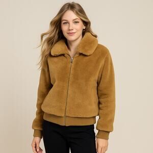 BANANA REPUBLIC Tan Teddy Puffy Faux Shearling Fur Jacket Zip Front Size Small